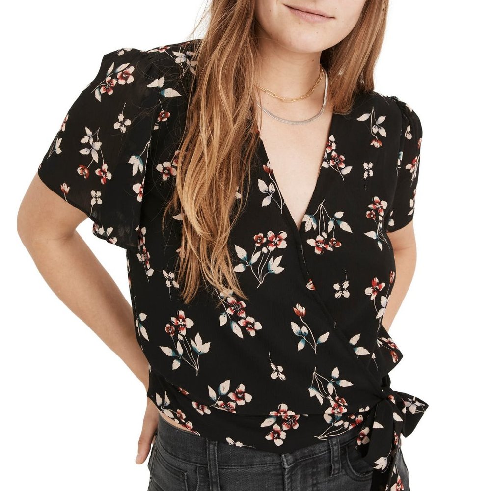 MADEWELL Botanical Print Wrap Top Black